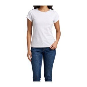 Just Polly White Short Sleeve Crew Neck Studded Casual Basic T-Shirt Jr Large